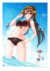 Rule 34 | 2girls, alternate hair length, alternate hairstyle, ball, beach, beachball, bikini, black bikini, blue bikini, blue shorts, blue sky, border, breasts, brown eyes, brown hair, cloud, commentary request, copyright name, dated, from below, hair between eyes, hair ribbon, hairband, hand on own hip, hat, holding, holding ball, large breasts, long hair, multiple girls, nagato yuki, nagato yuki-chan no shoushitsu, nanabuluku, navel, official alternate hair length, official alternate hairstyle, orange hairband, orange ribbon, ponytail, purple hair, ribbon, short hair, shorts, sky, solo focus, standing, standing on liquid, straw hat, suzumiya haruhi, suzumiya haruhi no shoushitsu, suzumiya haruhi no yuuutsu, swimsuit, very long hair, wading, water, white border