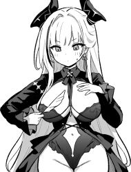 1girl admiral_zenker_(azur_lane) armband azur_lane azur_lane:_slow_ahead breasts cleavage closed_mouth dress earrings feathers greyscale hand_on_own_chest holding holding_feather hori_(hori_no_su) horns jewelry large_breasts long_sleeves monochrome navel official_art shirt simple_background skirt solo sweatdrop white_background