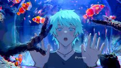 1boy aegyo_sal against_glass anchor_necklace aquarium black_shirt blue_eyes blue_hair clownfish collarbone cove_holden fish hands_up jewelry looking_at_animal male_focus messy_hair necklace open_mouth our_life:_beginnings_and_always outstretched_hand ryuuieu shirt short_hair solo sparkling_eyes surprised