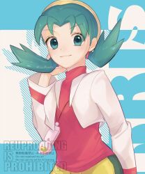 1girl absurdres character_name closed_mouth cropped_jacket eyelashes green_eyes green_hair hand_up hat highres jacket kris_(pokemon) long_hair mixed-language_commentary nintendo open_clothes open_jacket pokemon pokemon_gsc ryusa_(gjgd7445) shirt shorts smile solo twintails twitter_username watermark yellow_hat yellow_shorts