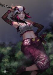 arm_up baggy_pants beret brown_eyes brown_hair crop_top dagger detached_sleeves hat knife kunoichi_(sengoku_musou) mitsuya navel ninja one_eye_closed pants sengoku_musou weapon wink