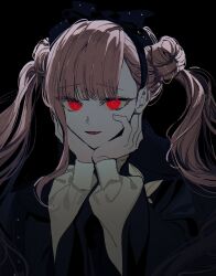 1girl black_background black_bow black_hairband black_jacket bow double_bun hair_bun hairband hands_on_own_face highres jacket long_hair looking_at_viewer palme310 parted_lips pink_hair red_eyes shirt simple_background solo spoilers the_hundred_line_-last_defense_academy- tsukumo_kako twintails upper_body white_shirt