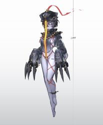 1girl absurdres barefoot bdsm black_hair black_hat black_shirt bondage bottomless bound breasts chinese_commentary claws closed_mouth coin colored_skin commentary_request crotch_rope eor79 expressionless full_body grey_skin hair_over_one_eye hat highres holed_coin jiangshi looking_at_viewer medium_breasts ofuda orange_eyes original qingdai_guanmao shibari shibari_under_clothes shirt short_hair sideboob simple_background sleeves_past_fingers sleeves_past_wrists solo tiptoes turtleneck turtleneck_shirt white_background