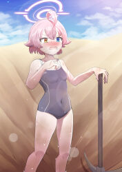 1girl absurdres abydos_high_school_swimsuit blue_archive blue_eyes blue_sky cloud commentary_request competition_school_swimsuit day drawing_rak feet_out_of_frame grey_one-piece_swimsuit heterochromia highres hoshino_(blue_archive) hoshino_(first_year)_(blue_archive) one-piece_swimsuit open_mouth outdoors pickaxe pink_hair sand school_swimsuit sky solo sweat swimsuit very_sweaty yellow_eyes