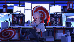 animal_ears animal_print black_bra black_legwear blue_skirt blush bra breasts can carton chinese_zodiac cleavage cloud cloudy_sky collarbone computer cow_ears cow_girl cow_horns cow_print day desk gas_can highres hoji_(hooooooooji1029) holding holding_umbrella horns indoors jacket lantern long_hair looking_at_viewer microphone milk_carton nengajou new_year no_shoes off_shoulder oil-paper_umbrella on_chair original red_eyes scenery screen shirt silver_hair sitting skirt sky thighhighs umbrella underwear white_jacket window window_blinds window_shutter year_of_the_ox