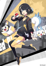 1girl :d absurdres anchorage_akiko asymmetrical_legwear backpack bag black_footwear black_hair black_jacket black_skirt black_thighhighs blonde_hair blue_eyes blue_hair blush boots collared_shirt dress_shirt emolga english_text fang gen_4_pokemon gen_5_pokemon gradient_hair highres holding holding_poke_ball jacket knees_together_feet_apart lightning_bolt_symbol long_sleeves mismatched_legwear mole mole_under_eye multicolored_hair nintendo open_mouth pachirisu pleated_skirt poke_ball poke_ball_(basic) pokemon pokemon_(creature) pokemon_tcg puffy_long_sleeves puffy_sleeves shirt skirt smile streaked_hair thighhighs thighhighs_under_boots yellow_shirt yellow_thighhighs zoom_layer