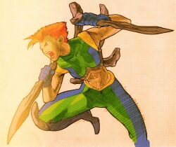 1girl 2000 angry arm_up bare_shoulders bengus bone bone_weapon capcom dual_wielding facing_to_the_side fighting_stance game_cg gloves green_eyes highres holding holding_weapon leg_up marrow_(x-men) marvel marvel_vs._capcom marvel_vs._capcom_2 midriff non-web_source official_art red_hair scan short_hair sidelighting simple_background solo weapon x-men