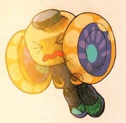 1990s_(style) bengus capcom closed_eyes flailing game_cg joints jumping marvel_vs._capcom marvel_vs._capcom_2 mega_man_(series) mega_man_legends_(series) mini_person non-web_source official_art open_mouth retro_artstyle robot robot_joints scared servbot_(mega_man) simple_background smile solo very_big_eyes waving_arms wavy_mouth wheel_o_hands