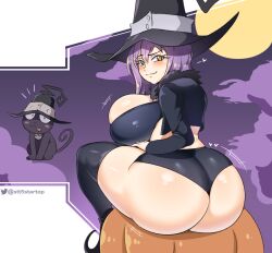 Rule 34 | 1girl, alternate breast size, animal, artist name, ass, blair (soul eater), blush, breasts, cat, hat, highres, huge ass, huge breasts, looking back, moon, night, pumpkin, purple eyes, purple sky, sitting, sky, smile, soul eater, stt5startop, thighhighs, transformation, witch, witch hat, yellow eyes