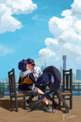 2girls absurdres aircraft airplane belle_(zenless_zone_zero) black_hair black_pantyhose black_socks blue_hair blue_sky blush cityscape cloud cloudy_sky ellen_joe ellen_joe_(on_campus) fins fish_tail hand_on_another&#039;s_face highres kiss multiple_girls pantyhose plant potted_plant river school_uniform shark_girl shark_tail shirt shoes short_hair sitting skirt sky sneakers socks sotethemighty surprise_kiss surprised tail veranda white_shirt yuri zenless_zone_zero