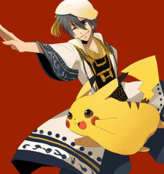 1boy arm_up armor beret black_hair brown_eyes coat creatures_(company) game_freak gen_1_pokemon hakama hat japanese_clothes male_focus nintendo one_eye_closed pikachu pokemon pokemon_conquest red_background sengoku_musou smile takenaka_hanbei