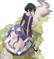 2girls :d black_hair blue_hair bottle breasts glasses green_eyes hair_over_one_eye hitodama large_breasts long_hair looking_at_viewer mikurou_(nayuta) multicolored_hair multiple_girls open_mouth original pink_hair ribbed_sweater sake_bottle scarf short_hair smile sweater triangular_headpiece two-tone_hair very_long_hair well