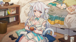 1girl animal_ears aqua_bow aqua_ribbon bed book bookshelf bow breasts cat_ears cat_tail cleavage controller cup dress frilled_dress frills game_controller gift grey_hair hair_ribbon highres holding holding_gift indie_virtual_youtuber indoors large_breasts looking_at_viewer neck_ribbon open_mouth pillow purple_eyes ribbon sitting solo sougetsu_nyamu tail virtual_youtuber white_dress white_ribbon yutsumoe