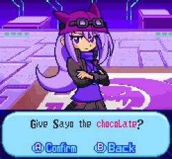 crossed_arms digimon digimon_story:_sunburst_and_moonlight goggles goggles_on_head hat jacket long_hair looking_at_viewer plasmi purple_eyes purple_hair sayo_(digimon) skirt sprite_art