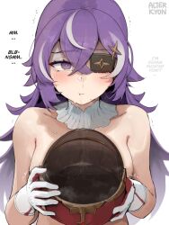 1girl alterkyon breasts chevreuse_(genshin_impact) collarbone cum cum_in_container cum_in_headwear cum_in_mouth detached_collar disgust genshin_impact gloves hat highres long_hair looking_at_viewer medium_breasts mole mole_under_mouth multicolored_hair nude one_eye_covered purple_eyes purple_hair shako_cap solo upper_body very_long_hair white_background white_gloves white_hair