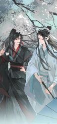 2boys ahoge bishounen black_eyes black_hair black_hanfu branch chinese_clothes closed_mouth day eyelashes floating_hair flower hair_ribbon hand_on_own_hip hand_up hanfu headband high_ponytail highres holding holding_tassel holding_umbrella index_finger_raised lan_wangji long_hair long_sleeves looking_at_another male_focus modao_zushi multiple_boys non-web_source official_art oil-paper_umbrella open_mouth outdoors ponytail red_ribbon ribbon robe sash sidelocks sleeves_past_wrists smile standing tassel topknot tree umbrella very_long_hair wei_wuxian white_flower white_headband wide_sleeves xiao_guan_(headdress) yaoi yaopei yellow_eyes
