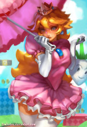 1girl blonde_hair blue_eyes crown dress earrings elbow_gloves female_focus gloves jewelry jimbobox mario_(series) nintendo pink_dress princess_peach short_dress solo super_mario_bros._2 thighhighs turnip umbrella