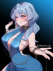 1girl absurdres ako_(blue_archive) ako_(dress)_(blue_archive) artist_name backless_dress backless_outfit bare_shoulders biting_own_lip black_background blue_archive blue_background blue_dress blue_eyes blue_hair blush breasts chain chain_leash cleavage collar commentary dress evening_gown gradient_background hair_between_eyes highres kawanmushi large_breasts leash looking_at_viewer metal_collar offering_leash official_alternate_costume plunging_neckline sideboob sideless_dress sideless_outfit simple_background single_handcuff sleeveless sleeveless_dress solo
