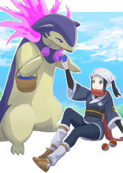 1girl absurdres akari_(pokemon) basket black_hair brown_footwear cloud cloudy_sky commentary fire galaxy_expedition_team_survey_corps_uniform grey_eyes hand_fan headscarf highres hisuian_poke_ball hisuian_typhlosion japanese_clothes kimono leggings long_hair natu_zame nintendo obi poke_ball pokemon pokemon_(creature) pokemon_legends:_arceus ponytail pouch purple_fire red_eyes red_scarf sandals sash scarf sidelocks sitting skin_tight sky smile standing undershirt white_headscarf white_headwear white_legwear