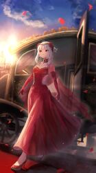 1girl absurdres alternate_costume blunt_bangs breasts carriage choker circlet commission dress dutch_angle elbow_gloves falling_petals fire_emblem fire_emblem_heroes flower gem gloves grey_hair hair_flower hair_ornament high_heels highres hip_vent nintendo official_alternate_hairstyle outdoors petals red_carpet red_choker red_dress red_eyes red_gemstone red_gloves red_shoes rose rose_petals second-party_source shawl shoes short_hair short_hair_with_long_locks sidelocks skeb_commission small_breasts sunset veronica_(fire_emblem) veronica_(princess_rising)_(fire_emblem) walking wss_(nicoseiga19993411)