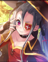 Rule 34 | 1girl, artist request, black cape, black ribbon, blush, cape, cosplay, dress, eyepatch, female focus, fingerless gloves, gloves, grimoire (phantom of the kill), hat, kono subarashii sekai ni shukufuku wo!, long hair, megumin, megumin (cosplay), official art, phantom of the kill, purple eyes, red dress, ribbon, silver hair, smile, solo, witch hat