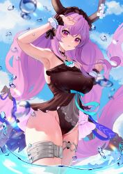 1girl absurdres aoi_tooru arknights arm_up armpits bare_shoulders black_horns black_one-piece_swimsuit blue_sky cloud cloudy_sky commentary_request day highres horns long_hair looking_at_viewer low_twintails ocean official_alternate_costume one-piece_swimsuit outdoors purple_eyes purple_hair sky solo swimsuit thigh_strap twintails typhon_(arknights) typhon_(temperature_difference)_(arknights) wading wrist_wrap