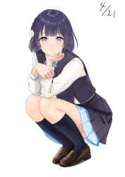 1girl absurdres black_overskirt black_socks black_vest blue_ribbon blue_skirt brown_shoes dated full_body gakuen_idolmaster hataya_misuzu hatsuboshi_gakuen_school_uniform highres idolmaster kneehighs loafers looking_at_viewer mole mole_under_mouth mossan_(mossan-777) neck_ribbon purple_hair ribbon school_uniform shirt shoes short_hair simple_background skirt skirt_set socks solo squatting vest white_background white_shirt