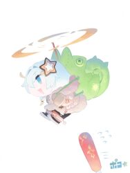 1girl black_shoes blue_eyes brown_jacket chibi commentary_request flying flying_sweatdrops fur-trimmed_jacket fur_trim grey_hair hair_between_eyes hair_intakes hair_ornament honkai_(series) honkai_impact_3rd jacket kiana_kaslana motion_lines poko_(poco_hoshi_3) propeller shoes simple_background solo speed_lines star_(symbol) star_hair_ornament white_background