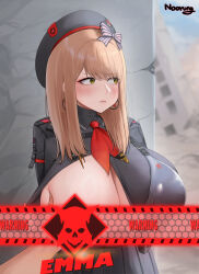 1girl :t armor beret blush boobplate breastplate breasts brown_hair censored censored_by_text censored_nipples cleavage emma_(nikke) goddess_of_victory:_nikke grabbing_another&#039;s_breast groping hat highres long_hair looking_at_viewer noorung one_breast_out pout puffy_cheeks standing yellow_eyes