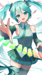 Rule 34 | 1girl, absurdres, aqua eyes, aqua hair, aqua nails, aqua necktie, aqua trim, black skirt, blush, boots, breasts, collared shirt, detached sleeves, grey shirt, hair between eyes, hair ornament, hatsune miku, headphones, highres, hinata (hiantart9215), light blush, long hair, long sleeves, looking at viewer, medium breasts, miku day, necktie, number tattoo, open mouth, pleated skirt, reaching, reaching towards viewer, shirt, simple background, skirt, sleeveless, sleeveless shirt, smile, solo, tattoo, thigh boots, thighhighs, very long hair, vocaloid, white background, wide sleeves, zettai ryouiki