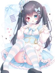 1girl :d absurdres black_hair blue_bow blush bow breasts dress frills full_body hair_between_eyes hair_bow hair_ornament hat heart highres holding long_hair long_sleeves looking_at_viewer open_mouth original puffy_sleeves red_eyes ribbon shirt shoes sitting skirt sleeves_past_wrists smile solo star_(symbol) striped_bow thighhighs twintails underwear usami_cocoa very_long_hair white_shirt