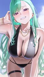 1girl absurdres adjusting_hair bikini black_bikini breasts cleavage earrings eden_(edenaldojj) from_below gluteal_fold green_hair grin halterneck highres jewelry large_breasts long_hair looking_at_viewer mole mole_on_breast necklace purple_eyes smile solo swimsuit virtual_youtuber vspo! yakumo_beni