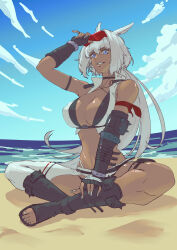 1girl absurdres animal_ears arm_up armband armlet asymmetrical_clothes asymmetrical_gloves beach bikini bikini_under_clothes black_bikini black_boots black_gloves blue_eyes boots breasts caenis_(fate) caenis_(swimsuit_rider)_(fate) caenis_(swimsuit_rider)_(second_ascension)_(fate) cloud commentary cropped_vest crotchless crotchless_pants dark-skinned_female dark_skin day elbow_gloves eyewear_on_head fate/grand_order fate_(series) fingerless_gloves full_body gloves grin hair_between_eyes hand_on_own_leg highres horse_ears indian_style jewelry large_breasts long_hair looking_at_viewer nail_polish ocean oliver_(oliverclassict) open-toe_boots open_clothes open_vest outdoors pants parted_lips popped_collar red-tinted_eyewear red_armband single_pantsleg sitting smile solo sunglasses swimsuit teeth thigh_strap tinted_eyewear toenail_polish toenails uneven_gloves vest water white_hair white_nails white_pants white_vest
