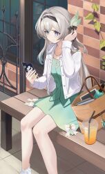 Rule 34 | 1girl, absurdres, bag, bench, black hairband, black ribbon, blush, brown bag, buttons, cellphone, closed mouth, closed umbrella, collared shirt, cup, disposable cup, dress, drinking straw, firefly (honkai: star rail), gradient hair, green dress, green pupils, grey hair, hair between eyes, hair intakes, hair ornament, hair ribbon, hairband, hand in own hair, handbag, highres, holding, holding phone, honkai: star rail, honkai (series), long sleeves, manjirou (manji illust), multicolored hair, on bench, open clothes, open shirt, phone, ribbon, ribbon-trimmed dress, ribbon trim, shirt, sitting, sitting on object, smartphone, solo, sparkle (doll) (honkai: star rail), sweatdrop, umbrella, wallet, white sleeves, window, wooden bench