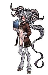 1girl absurdres book breasts commission curled_horns embarrassed female_pubic_hair full_body glasses grey_hair highres hooves horns jacket long_hair looking_at_viewer low_ponytail naked_jacket navel nazo_no_diaboro original ponytail pubic_hair ribs simple_background skeb_commission skinny small_breasts solo variant_set very_long_hair white_background yellow_eyes