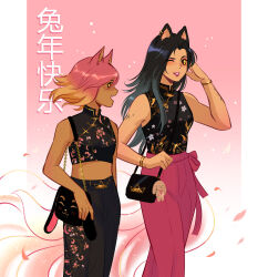 2girls andythelemon bag bare_shoulders black_hair black_pants blonde_hair bracelet cat_girl cat_tail colored_sclera crop_top female_focus green_hair jewelry lipstick makeup midriff midriff_peek multiple_girls one_eye_closed original pants pink_hair pink_pants rabbit red_eyes ring shoulder_bag sleeveless sparkle tail tan tattoo yellow_sclera