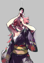 Rule 34 | 1girl, chest sarashi, fighting stance, floral print, floral print kimono, flower, grey background, highres, japanese clothes, katana, kimono, looking at viewer, midriff sarashi, miyashita hiroki, ninkyou tensei, pink hair, print kimono, red eyes, sanaria ryuu lundberg, sarashi, single bare shoulder, single off shoulder, solo, spider lily, swept bangs, sword, weapon