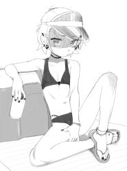 Rule 34 | 1girl, bikini, ear piercing, erika (kusa mori), expressionless, flat chest, full body, greyscale, highres, kusamori, looking at viewer, monochrome, navel, original, piercing, sandals, short hair, sitting, solo, swimsuit, toes, visor cap