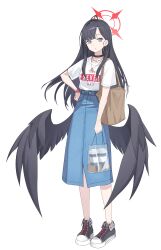 1girl absurdres alternate_costume back_hair bag black_choker black_hair black_shoes black_wings blue_archive blue_eyes blue_skirt brown_bag casual choker cup disposable_coffee_cup disposable_cup earrings feathered_wings hair_behind_ear hair_ornament hairclip hand_on_own_hip highres holding holding_bag ichika_(blue_archive) jewelry long_hair long_skirt looking_at_viewer low_wings nammmmer necklace parted_lips plastic_bag shirt shoes short_sleeves sidelocks skirt sneakers solo t-shirt watch white_shirt wings wristwatch