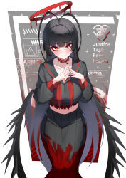 Rule 34 | 1girl, absurdres, antenna hair, black hair, black sailor collar, black serafuku, black shirt, black skirt, blood, blood on clothes, blue archive, blush, breasts, choker, cleavage, closed mouth, collarbone, feet out of frame, halo, highres, kurosaki saya, lace, lace choker, large breasts, long hair, long sleeves, looking at viewer, melting halo, midriff, navel, neckerchief, red choker, red eyes, red halo, red neckerchief, sailor collar, school uniform, serafuku, shirt, skirt, solo, standing, sweat, torn clothes, torn shirt, tsurugi (blue archive), very long hair