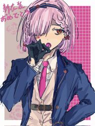 1girl bags_under_eyes black_gloves black_hairband blue_jacket border braid candy chest_harness collared_shirt food frilled_shirt frills gloves hair_over_one_eye hairband hand_up harness hashtag-only_commentary heart_sticker highres holding holding_candy holding_food holding_lollipop jacket lollipop lollipop_in_mouth long_sleeves looking_to_the_side necktie nijisanji nijisanji_en omoi777 one_eye_covered orange_vest outside_border pink_hair pink_necktie red_eyes rosemi_lovelock rosemi_lovelock_(5th_costume) shirt solo sticker_on_face translation_request twin_braids vest virtual_youtuber white_border white_shirt