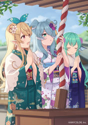 3girls :d :o asa_no_ha_(pattern) blonde_hair blue_eyes blue_kimono blurry blurry_background blush box brown_eyes closed_eyes commentary_request copyright_notice day donation_box egasumi elira_pendora finana_ryugu fins fish_girl floral_print flower furisode green_kimono green_ribbon hair_behind_ear hair_flower hair_ornament hair_over_one_eye hair_ribbon head_fins head_wings highres japanese_clothes kikumon kimono kouhaku_nawa lazulight long_hair looking_up multiple_girls neck_tattoo nijisanji nijisanji_en obi obiage obijime official_art open_mouth outdoors own_hands_together pointy_ears pomu_rainpuff praying print_kimono ribbon rope sakuramon sash sayagata seigaiha shimenawa shiromikan shrine smile tattoo virtual_youtuber white_flower white_kimono wide_sleeves wings