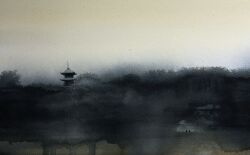 Rule 34 | 2others, building, day, highres, hill, mouen tw, multiple others, no humans, original, outdoors, pagoda, painting (medium), scenery, sky, traditional media, tree, watercolor (medium), white sky