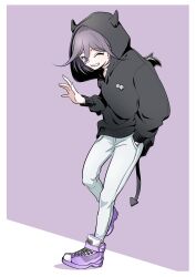 1boy ;d black_hoodie danganronpa_(series) danganronpa_v3:_killing_harmony demon_tail dice fake_horns fake_tail grin hair_between_eyes hand_in_pocket highres hood hoodie horns leaning long_sleeves oma_kokichi one_eye_closed open_mouth pants pink_shoes shachoo_(poco_poco) shoes smile solo standing tail teeth white_pants