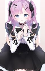 1girl absurdres alternate_costume anyoji_hime black_bow black_bowtie black_ribbon black_skirt blonde_hair blue_eyes bow bowtie choker collared_shirt commentary_request cowboy_shot frilled_shirt_collar frills gradient_hair hair_ornament hair_ribbon heart heart_o-ring heart_ring_choker highres link!_like!_love_live! long_hair long_sleeves looking_at_viewer love_live! maddo_(gasser_0518) multicolored_hair o-ring o-ring_choker parted_lips pink_hair ribbon shirt skirt solo suspender_skirt suspenders two_side_up virtual_youtuber white_shirt x_hair_ornament