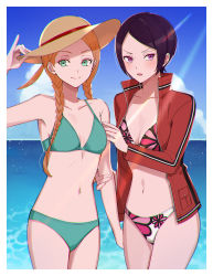 2girls bikini bikini_under_clothes black_hair blue_sky blush border braid breasts brown_hair caustics cleavage cloud cow cowboy_shot day eyelashes green_bikini green_eyes hair_flaps hair_over_shoulder hand_on_headwear hand_up hands_on_another&#039;s_arm hat highres holding_another&#039;s_arm horizon jacket kitora_ai konami_kirie long_hair long_sleeves looking_at_viewer medium_breasts multiple_girls navel ocean pinky_out print_bikini purple_eyes red_jacket short_hair sideways_glance sky small_breasts smile sun_hat sunlight swimsuit twin_braids twintails white_border world_trigger yawai_tofu yellow_headwear