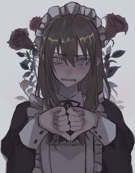 1girl akai_ringo_(eveyuno) brown_hair dress flustered highres long_hair long_sleeves looking_at_viewer maid maid_headdress original white_background