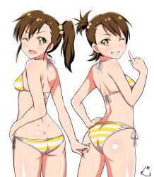+_+ 2girls artist_logo ass back bikini blush breasts brown_hair cowboy_shot futami_ami futami_mami hair_between_eyes hair_ornament halterneck idolmaster idolmaster_(classic) jabara_tornado legs logo long_hair looking_at_viewer looking_back multiple_girls one_eye_closed open_mouth ponytail short_hair siblings side-tie_bikini_bottom simple_background sisters small_breasts smile standing star_(symbol) star_hair_ornament string_bikini striped_bikini striped_clothes swimsuit teeth thighs tongue white_background yellow_bikini