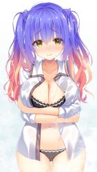 1girl 3: aria_(koiiroharemoyou) arms_under_breasts black_bra black_panties blonde_hair blue_hair blush bra breasts cleavage closed_mouth collarbone collared_shirt commentary cowboy_shot embarrassed eyelashes eyes_visible_through_hair furrowed_brow gluteal_fold gradient_hair gyaru hair_between_eyes highres kohibari_kurumi large_breasts long_hair looking_at_viewer mizuka_academy_school_uniform multicolored_hair nose_blush open_clothes open_shirt paid_reward_available panties pink_hair school_uniform see-through_clothes see-through_shirt shirt sidelocks simple_background solo straight-on tenshi_souzou_re-boot! thigh_gap twintails underwear wet white_background white_shirt yellow_eyes