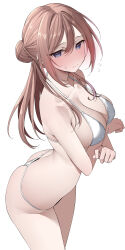 1girl absurdres arms_under_breasts ass bikini blue_eyes blush breasts brown_hair cleavage collarbone from_side gakuen_idolmaster gradient_hair hair_bun highres himesaki_rinami idolmaster kawai_ritsu_(rits_meg) medium_breasts multicolored_hair simple_background solo swimsuit white_background white_bikini